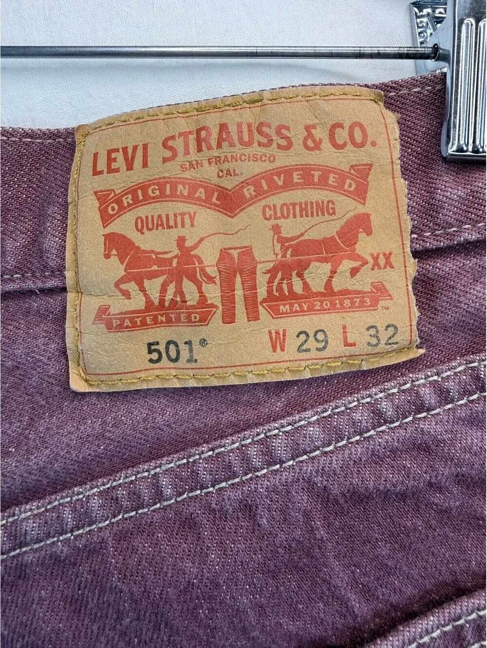 Vintage 90s Levis 501 Jeans Mens 29x32 Faded Burgundy Plum Button Fly Denim USA